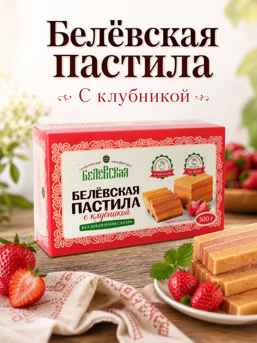 Белевская кондитерская мануфактура Белёвская пастила с клубникой без добавления сахара 300г, 300 г