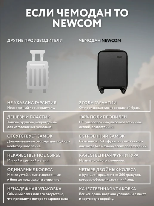 Newcom Чемодан на колесах S маленький для ручной клади, черный, фото 3