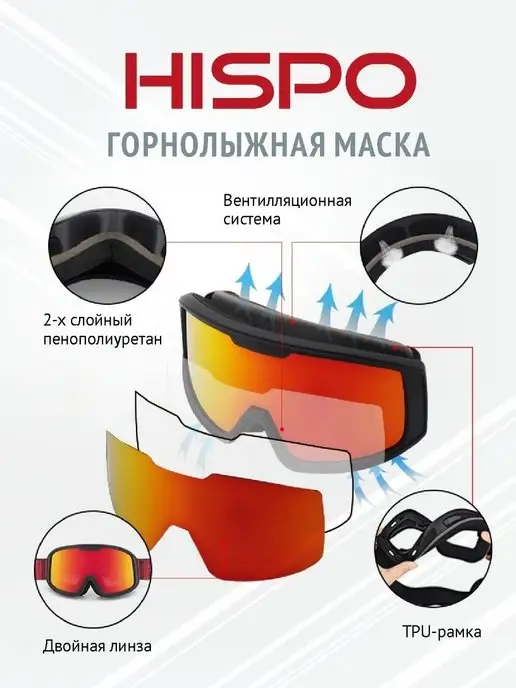 HISPO Маска горнолыжная очки лыжные для спорта, черный, фото 2