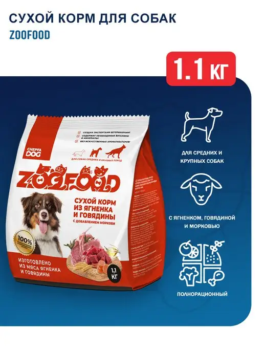 Сухой корм Zoofood для собак, крупные, средние, говядина, ягненок, 1,1 кг