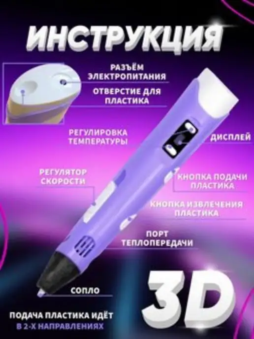 Aianat 3d ручка с набором пластика 3д комплект, фиолетовый, фото 3