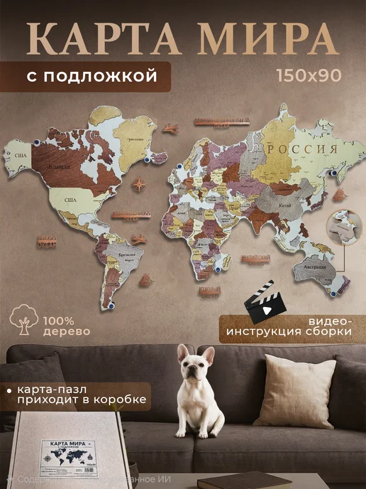 Панно на стену карта мира из дерева 150х90, вариант