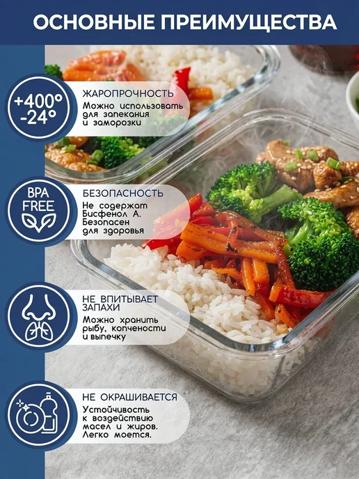 Good&Good Контейнер для еды стекло с крышкой набор, белый, фото 3