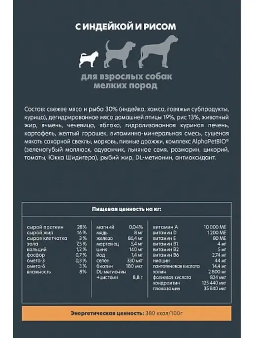 Сухой корм AlphaPet WOW для собак, взрослые, мелкие, индейка, 0,5 кг, фото 3