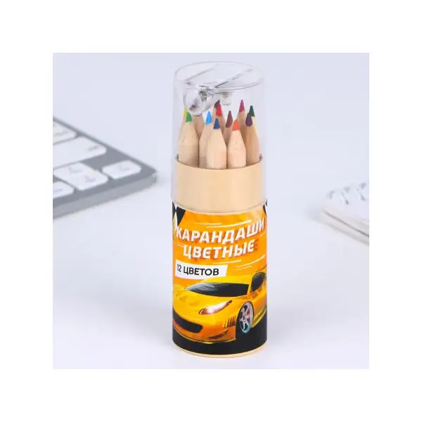 Набор цветных карандашей мини в тубусе с точилкой, 12 шт