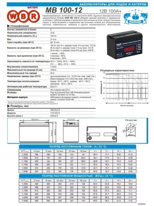 WBR Аккумуляторная батарея MB 100-12, вариант, фото 2