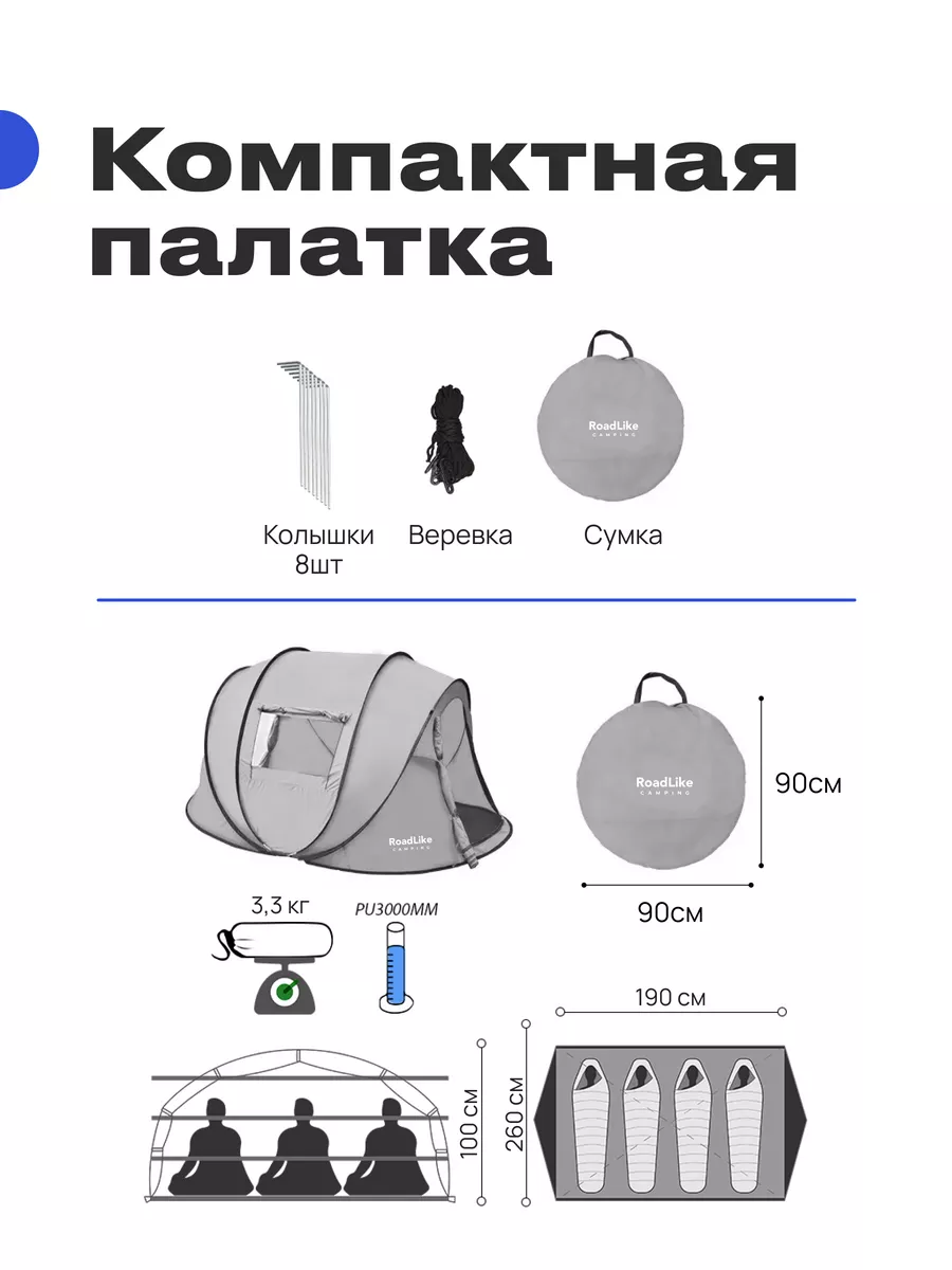 Палатка туристическая автомат, 4 местная Roadlike 110880093 купить за 10  434 ₽ в интернет-магазине Wildberries