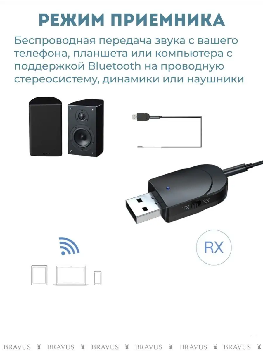 AUX Bluetooth ресивер трансмиттер 2 в 1 для телевизора Bravus 111526518  купить за 355 ₽ в интернет-магазине Wildberries