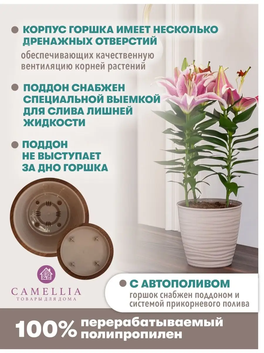 Горшок для цветов с автополивом и поддон кашпо пластик набор Camellia товары  для дома 111560532 купить за 466 ₽ в интернет-магазине Wildberries