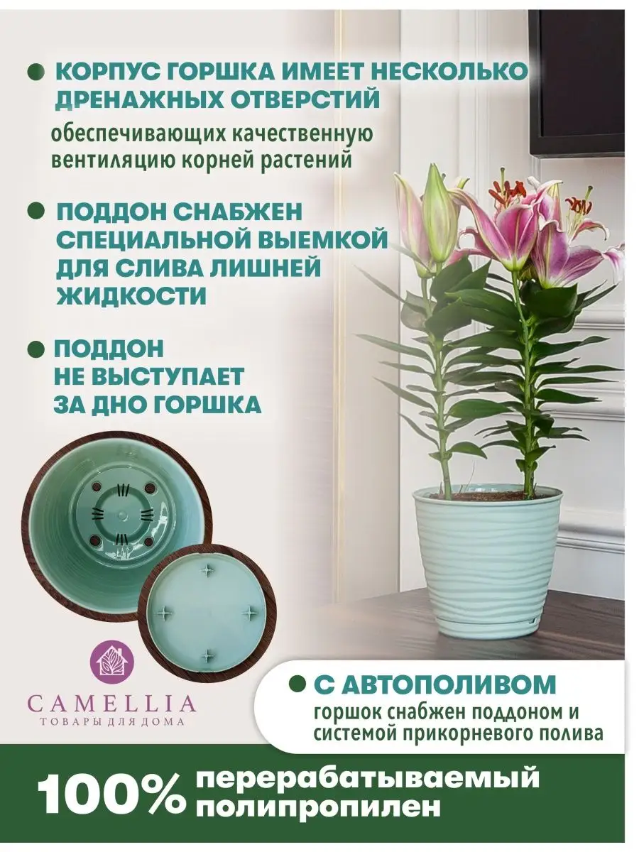 Горшок для цветов с автополивом и поддон кашпо пластик набор Camellia  товары для дома 111560533 купить за 466 ₽ в интернет-магазине Wildberries